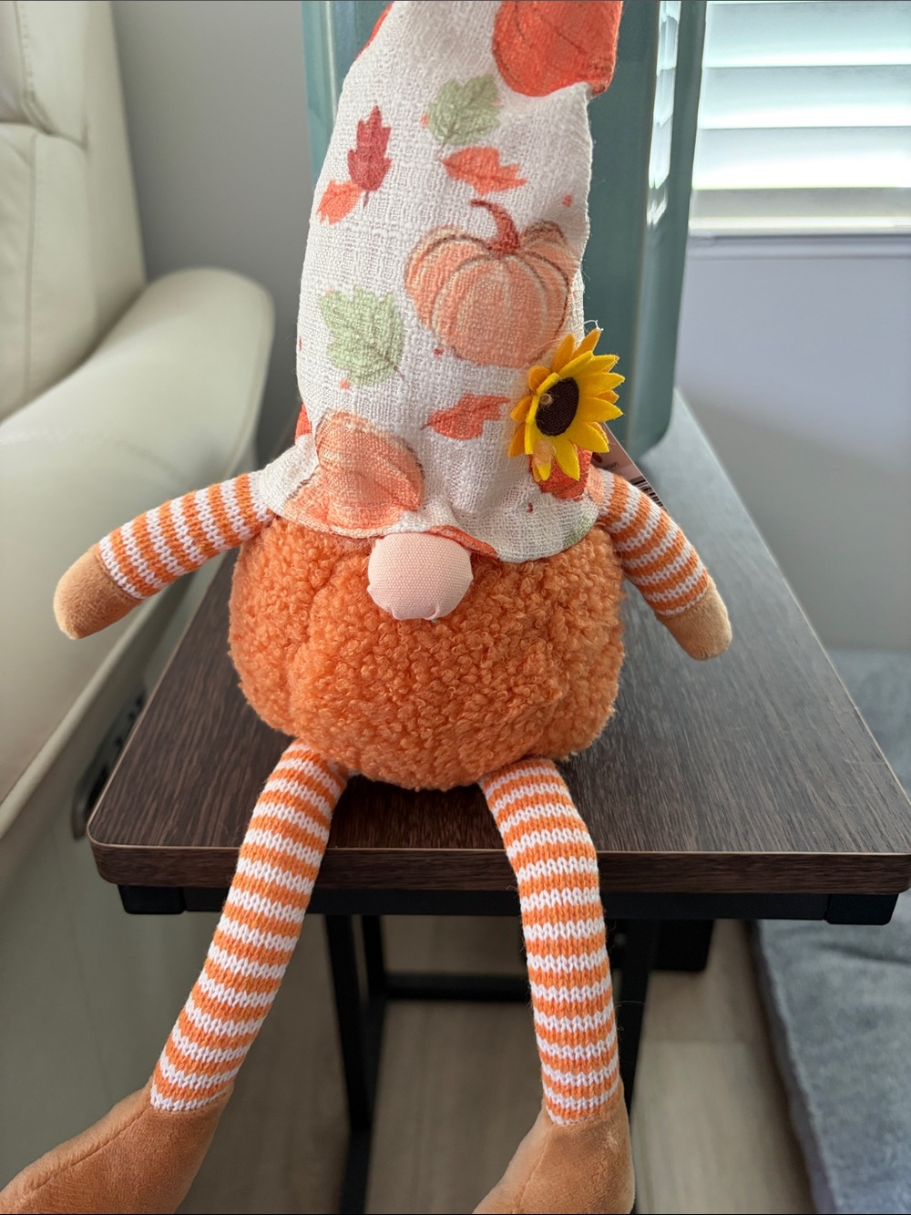 Plush Pumpkin Gnome Accent in Orange with Patterned Hat